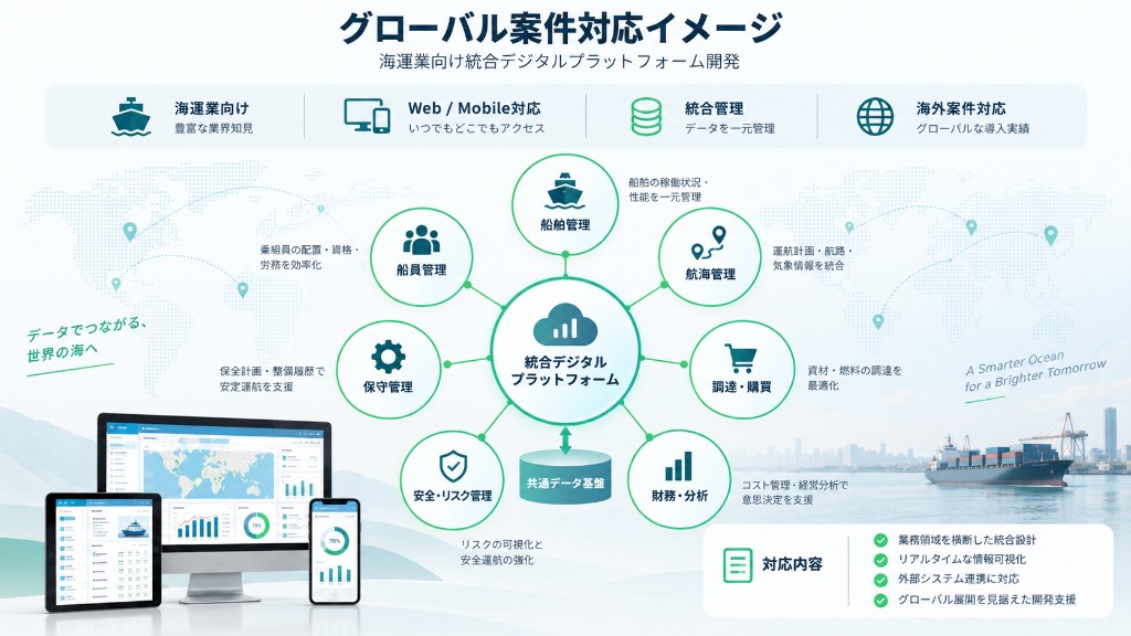 グローバル案件対応イメージ：海運業向け統合デジタルプラットフォーム開発